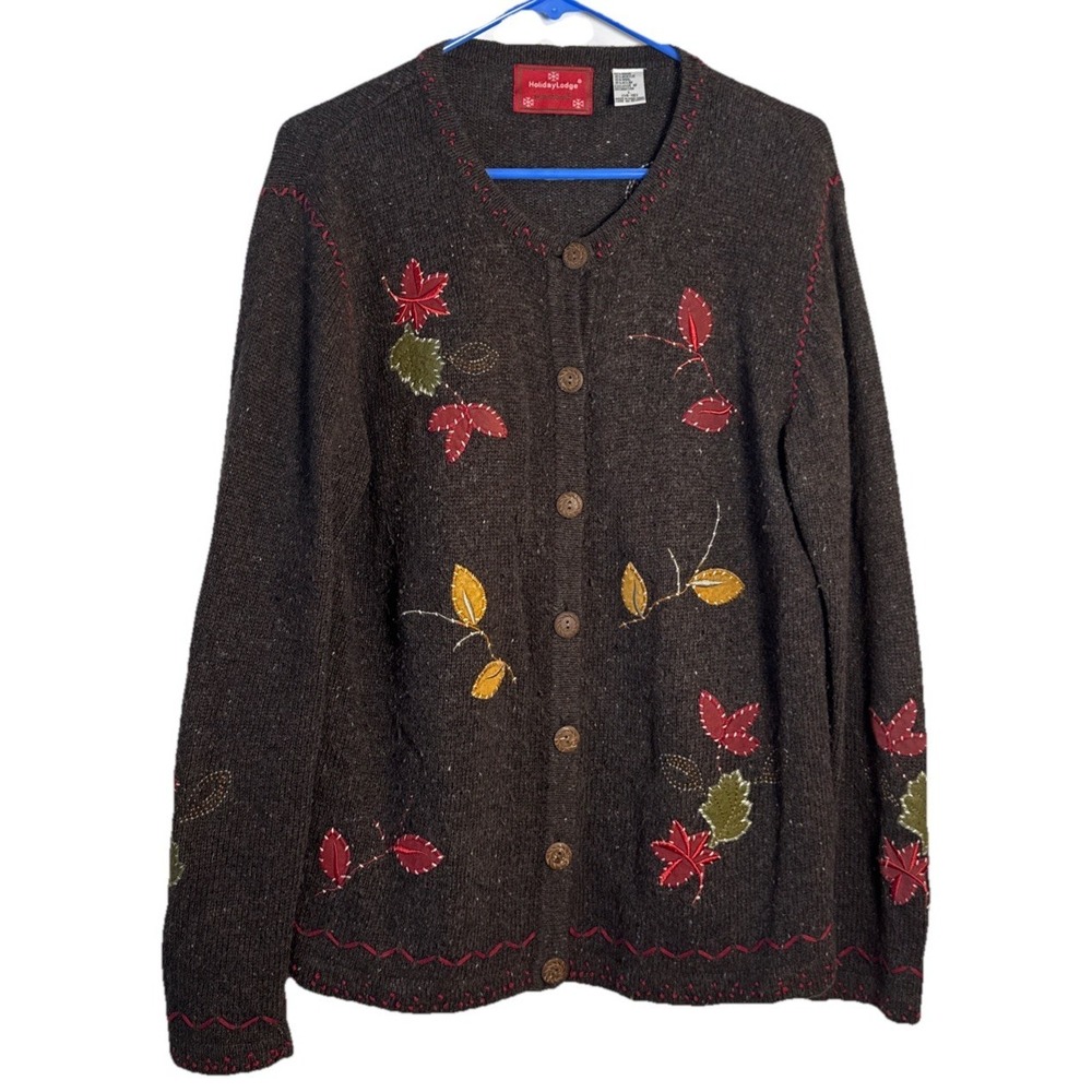 HolidayLodge NorthCrest L Brown Cardigan Fall Leaf Wool Blend‎ Sweater 14-16